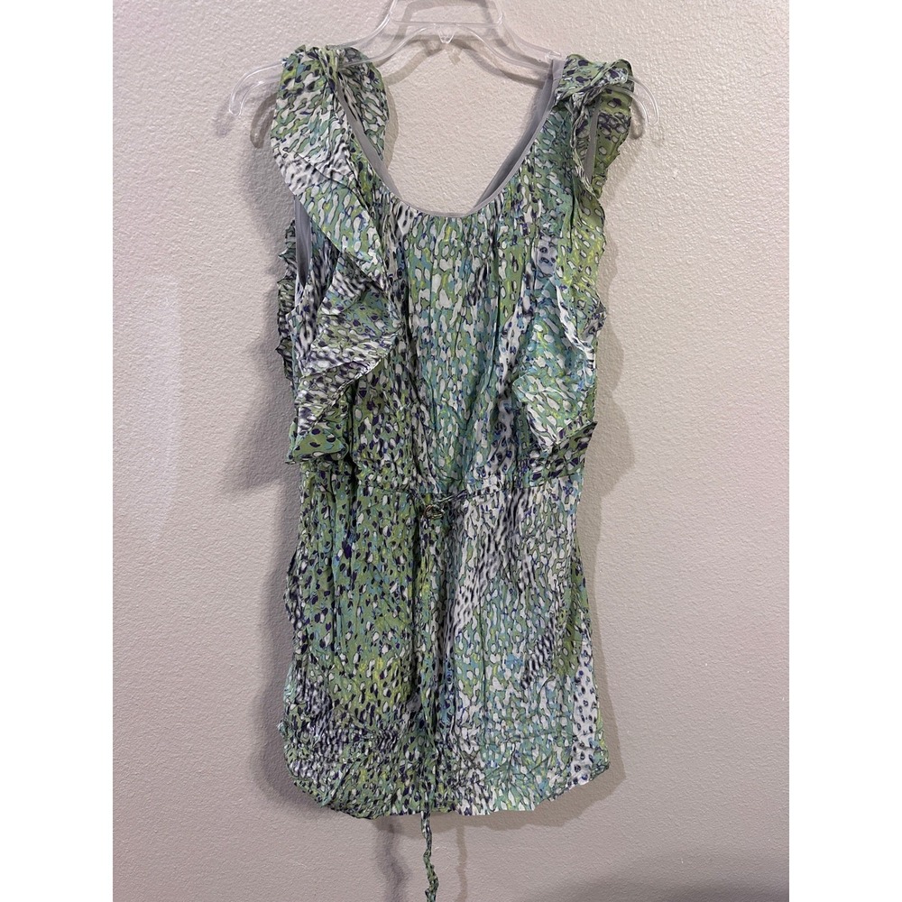 Leifsdottir Silk Ruffle Blouse Green Blue Abstract Animal Print Top Size 10